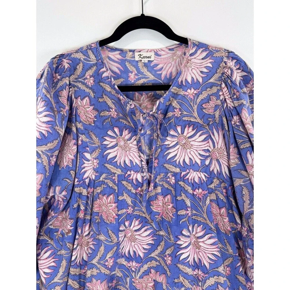 Karni Womens Dress Purple Mini Floral V Neck Puffed A Line Babydoll Boho Large - Picture 7 of 12